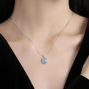RENSINO Elegant Design Jewelry S925 Sterling Silver Snake Bone Chain Blue Jade Oval Pendant Necklace for Women