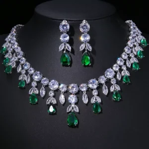 RENSINO Elegant Fashionable Emerald Zircon Leaf Shape Tassel Earrings Necklace Bridal Party Wedding Anniversary Jewelry Sets