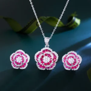RENSINO Elegant Flower Pendant Wedding Luxury Necklace and Earrings Full Zirconia Bridal Big Red Flower Shape Jewelry Set for Women