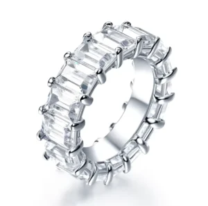 RENSINO Elegant Jewelry 925 Sterling Silver Rectangle CZ Cubic Zircon Eternity Wedding Ring Engagement Band Ring