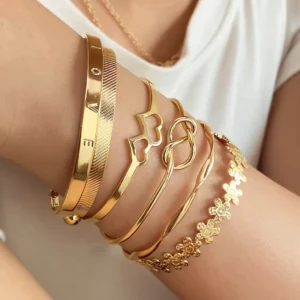 RENSINO Elegant Letter Love Bangle Bracelet Set Gold Silver Color Heart Flower Infinite 8 Hollow Open Bracelets Women Trendy Jewelry