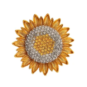 RENSINO Elegant Rhinestone Golden Color Sunflower Brooch 40mm Gold Plating for Gift Crystal Flower Brooches