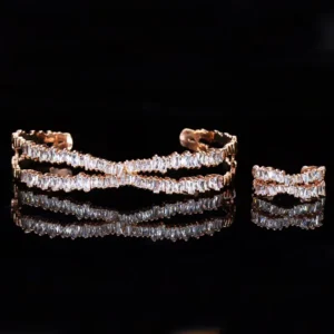 RENSINO Elegant Rose Gold Plated Cubic Zircon Stone X Shaped Cuff Bangle and Ring Fashion Jewellery Set for Women Party Wear Accessories