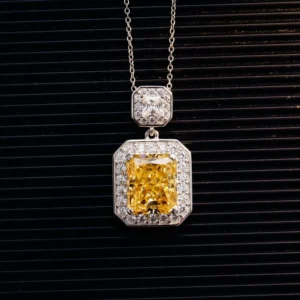 RENSINO Elegant Shining Yellow Square Crushed Ice Cut 925 Silver Plated k Gold Moissanite Fashion Jewelry Set Earring Necklace for Women
