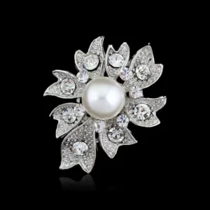 RENSINO Elegant Silver Alloy Flower Brooch With Faux Pearl And Rhinestone Leaves Korean Style Lapel Pin Gift