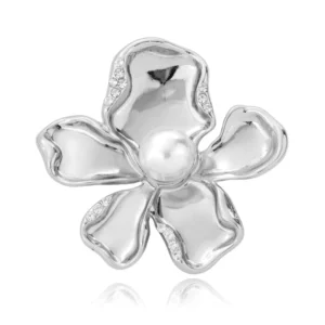 RENSINO Elegant Silver Alloy Flower Brooch With Rhinestone Accents And Pearl Center Women’s Lapel Pin Corsage Gift