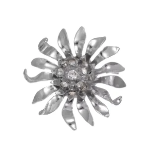RENSINO Elegant Silver Alloy Flower Brooch With Rhinestone Center Luxury Lapel Pin Corsage For Coat Sweater Gift