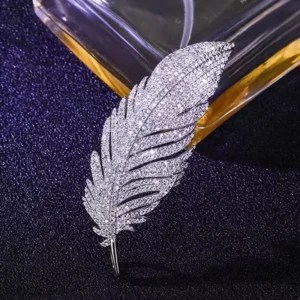 RENSINO Elegant Silver Color Crystal Feather Brooches for Women Luxury Rhinestone Alloy Plant Brooch Lady Party Safety Pins Jewelry Gift
