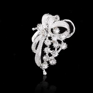 RENSINO Elegant Silver Plated Rhinestone Bow Brooch Sweet Butterfly Knot Lapel Pin Scarf Buckle Suit Accessory