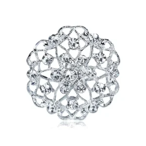 RENSINO Elegant Silver Plated Rhinestone Flower Brooch Openwork Alloy Lapel Pin Corsage For Women Gift