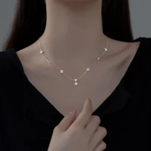RENSINO Elegant Simple Short Crystal Choker Girls Vintage Clover Pendant Fashionable Sterling Silver 925 Cross Chain Platinum Necklace