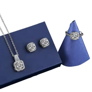 RENSINO Elegant Solid Color Shiny Alloy Necklace Earrings Ring Set for Women Jewelry