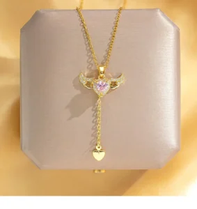 RENSINO Elegant Stainless Steel Zircon Angel Wings Pendant Heart Necklace for Women Gift