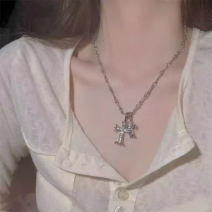 RENSINO Elegant Stylish Silver Chains Two Crosses Pendant Necklace 44+5cm Link Chain Zircon Main Stone Jewelry Gift for Women