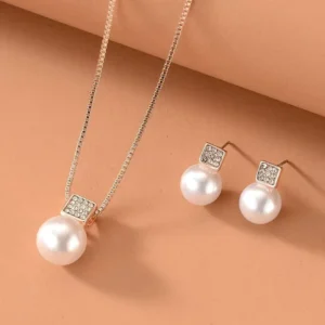 RENSINO Elegant Women 18K Gold Smooth Freshwater Pearl S925 Sterling Silver Pendant Necklace Stud Earrings Jewelry Wedding Set