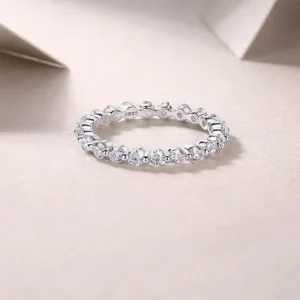 RENSINO Elegant Women Fine Jewelry 925 Silver Moissanite Eternity Band Round Cut Luxury Style Daily Wear Fashion Accessory Ring
