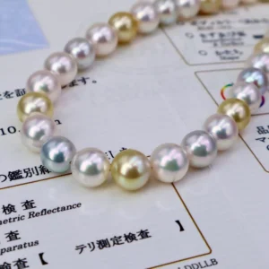 RENSINO Elegant Women’s Long Necklace 45cm Candy Color Blue Yellow Natural 9-10mm Akoya Pearl Seawater Beads Pearl Necklace