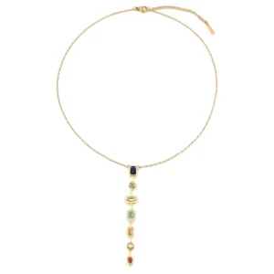 RENSINO Elegant Women’s Stainless Steel Necklace With Gold Plated Link Chain Geometric Pattern Gemstone Pendant Zircon Main Stone