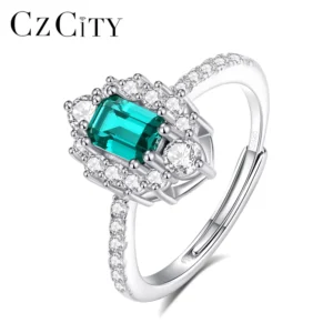 RENSINO Emerald Green Luxury Asscher Cut Geometric Women’s 925 Sterling Silver Rhodium Plated Adjustable Finger Ring