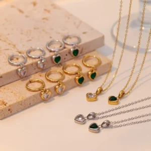 RENSINO Emerald Green Zircon Necklace and Earring Set Heart Shaped Stone Pendant Waterproof Luxury Jewelry Set