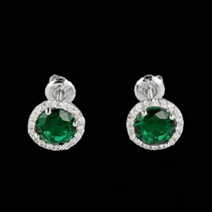 RENSINO Emerald Zircon Halo Jewelry 925 Sterling Silver Women’s Stud Earrings for Ladies