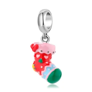RENSINO Enamel Charm 925 Sterling Silver Rainbow Christmas Stocking Pendant for Women Bead Bracelet Necklace Jewelry