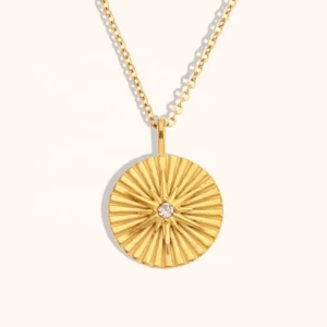 RENSINO Engraved Eight Star Zircon Necklace Stainless Steel 18K Gold Plated Round Pendant Necklace