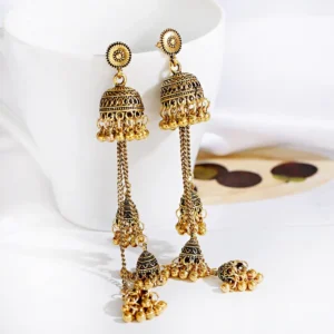 RENSINO Ethnic Gold Silver Afghan Long Tassel Bead Drop Earrings Bollywood Jewellery Bell Jhumka Indian Earrings Wedding Jewelry