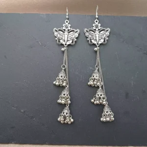 RENSINO Ethnic Silver Butterfly Afghan Long Tassel Bead Drop Earrings Bollywood Jewellery Bell Jhumka Indian Earrings