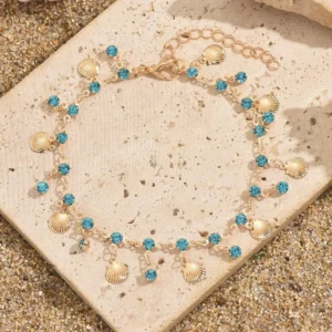 RENSINO European American Cross Border Bestseller Luxury Beach Blue Zircon Rhinestone Anklet Light Chain Tassel Scallop Niche Alloy