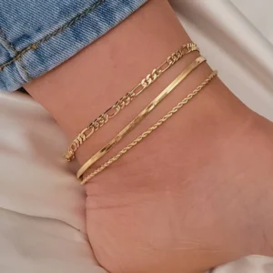 RENSINO European American Cross Border Bohemian Style Alloy Electroplated Flat Snake Chain Twist Three Piece Womens Summer Beach Anklet