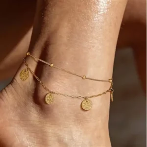 RENSINO European American Double-Layer Brass 14K Gold-Plated Anklet for Unisex Trendy Coin Pendant for Beach and Party Occasions