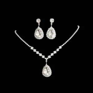 RENSINO European American Fashion Light Luxury Earrings Necklace Two piece Full Diamond Exquisite Chain Bride Jewelry Silver