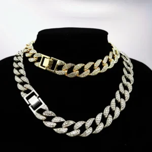 RENSINO European American Hip Hop Unisex Cuban 15mm Rhinestone Silver Gold Plated Chains Flat Simple Design Light Luxury Cross Border