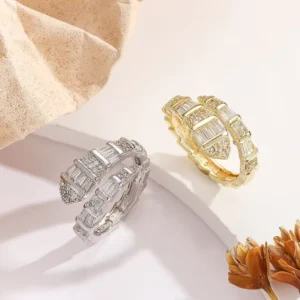 RENSINO European American Light Luxury Snake Shaped Women’s Trendy Niche Design Versatile Sophisticated Inlay Open Ended Copper Ring