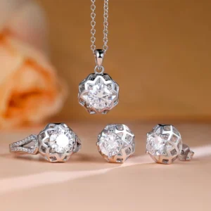 RENSINO European American S925 Sterling Silver D Color Moissanite Wedding Engagement Gift Women’s Fine Jewelry Set Pendant Earrings Ring