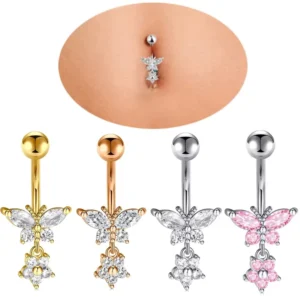 RENSINO European American Special New Zircon Butterfly Flower Navel Jewelry 10mm Bar Belly Rings Piercing Jewelry for Ladies