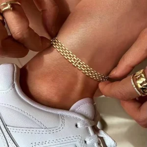 RENSINO European American Style 14K Gold plated Brass Geometric Double layer Cuban Chain Anklet Hip hop Personality Versatile Wide Foot