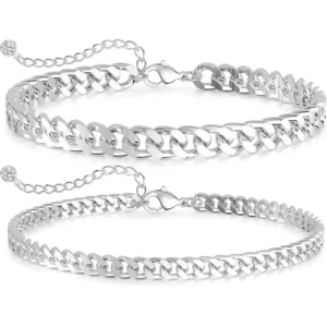 RENSINO European American Style Stainless Steel Classic Double layer Cuban Chain Anklet Silver plated Beach Stacked Women’s Fashion