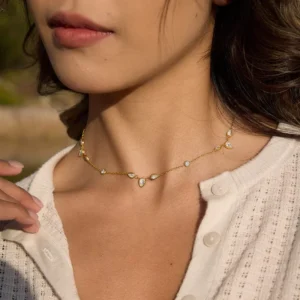RENSINO European American White Water Drop Shaped Zircon Stainless Steel Necklace Luxurious and High End Choker