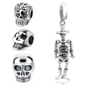RENSINO European Style Oxidized 925 Sterling Silver Skull Charms Beads