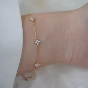 RENSINO European Style Silver 14K Gold Plated Four Leaf Clover Starry Sky Chain Bracelet Minimalist Style