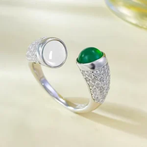 RENSINO European and American 6mm Simulated Green Chalcedony Open Ring Design Fashion and Simple S925 Silver Ring