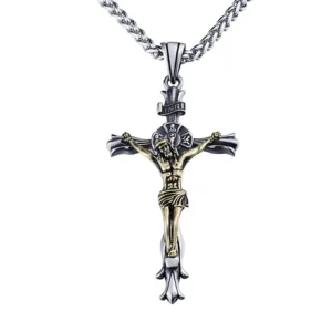 RENSINO European and American Cross Hip Hop Religious Retro Titanium Steel Necklace Stainless Steel Necklace Men’s Pendant