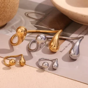 RENSINO European and American Fashion Niche Ring with Unique Double Waterdrop shaped Opening Bracelet for Women