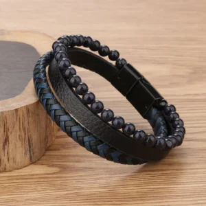 RENSINO European and American Multilayer Tiger Eye Natural Stone Bead Bracelet Men’s Leather Fashion Charm Bracelet