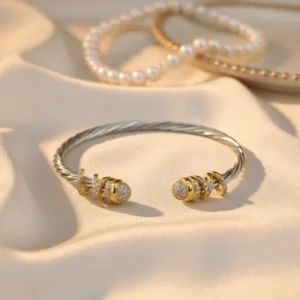 RENSINO European and American Popular High Jewelry Design Bracelet with 3MM Micro Inlaid Silver Round Head Twisted Wire Opening