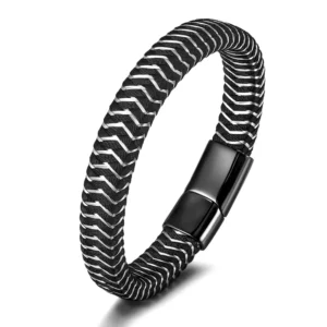 RENSINO European and American Stainless Steel Wire Leather Rope Mixed Braided Bracelet Men’s Charm Titanium