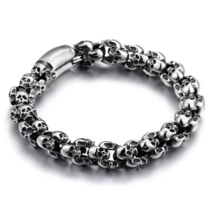 RENSINO European and American Style Black Onyx Silver Skull Lucky Stone Bracelets