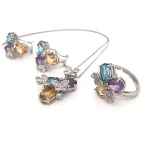 RENSINO European and American Style Fashion Three Color Big Stone Flower Butterfly Bridal Jewelry Set